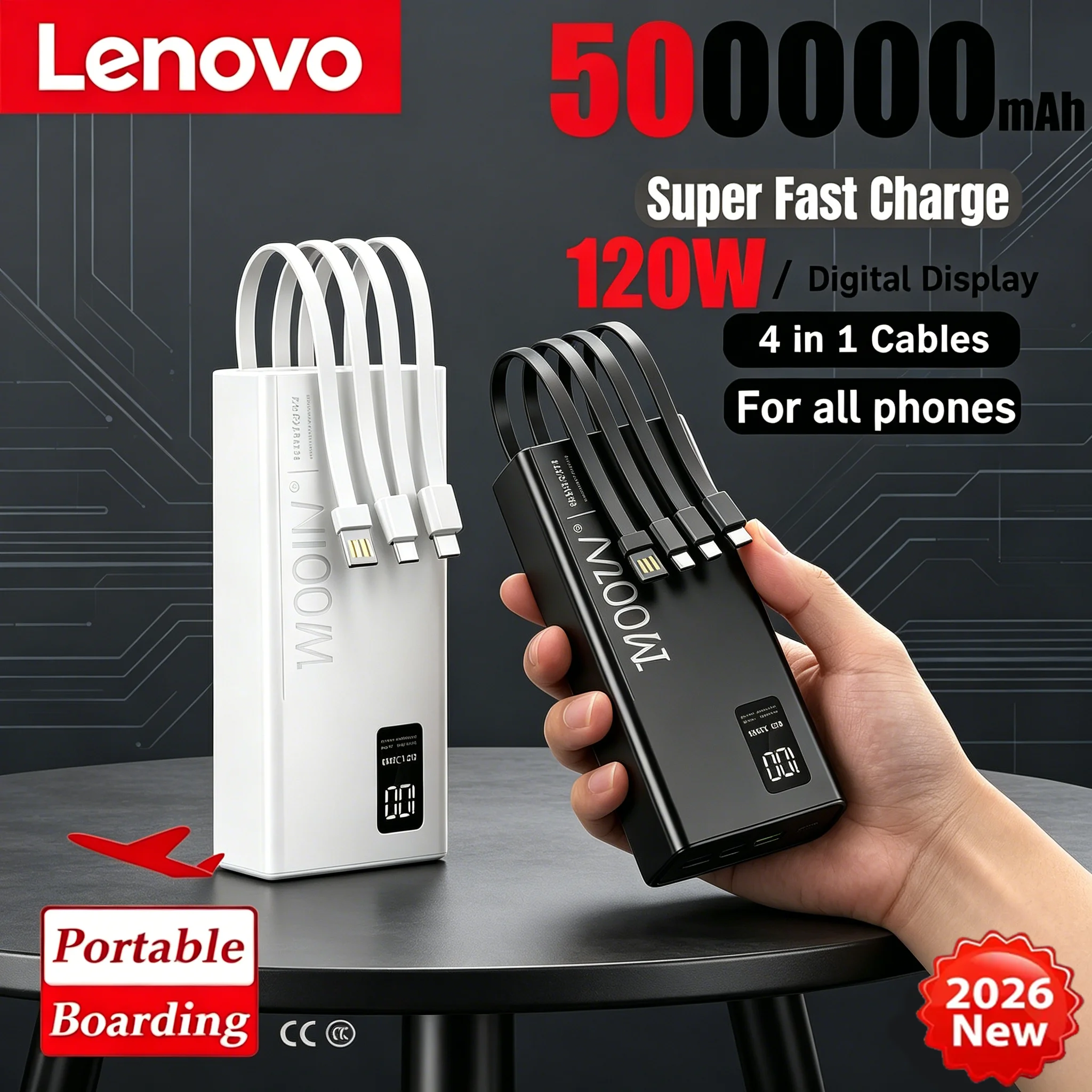 

Портативное зарядное устройство Lenovo 4-в-1 с высокой емкостью 500000 мАч, сверхбыстрой зарядкой 120 Вт и кабелями для iPhone и Samsung 2026