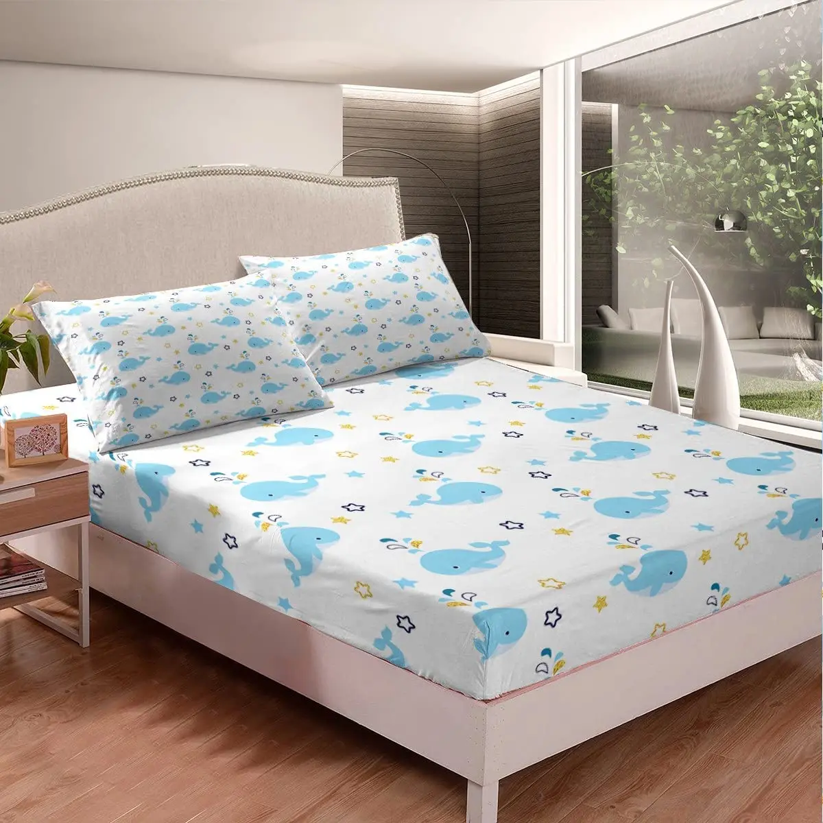 Whale Kids Fitted Sheet Kawaii Ocean Animal Bedding Set Cute Cartoon Marine Life Lovely Sea Animal Full King Queen Twin Size