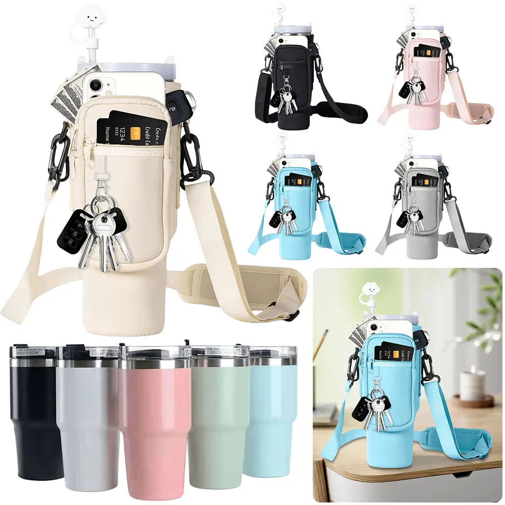 

Water Bottle Carrier Bag Adjustable Shoulder Strap Water Bottle Holder Pouch with Phone Pocket for Stanley 40oz Insulated Mug