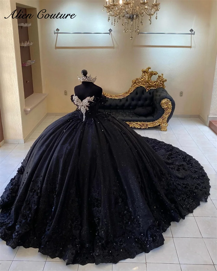 

3D Flowers Black Quinceanera Dresses Beads Crystals Appliques Ball Gown Birthday Gown Rhinestones Vestidos De 15 Años Customized