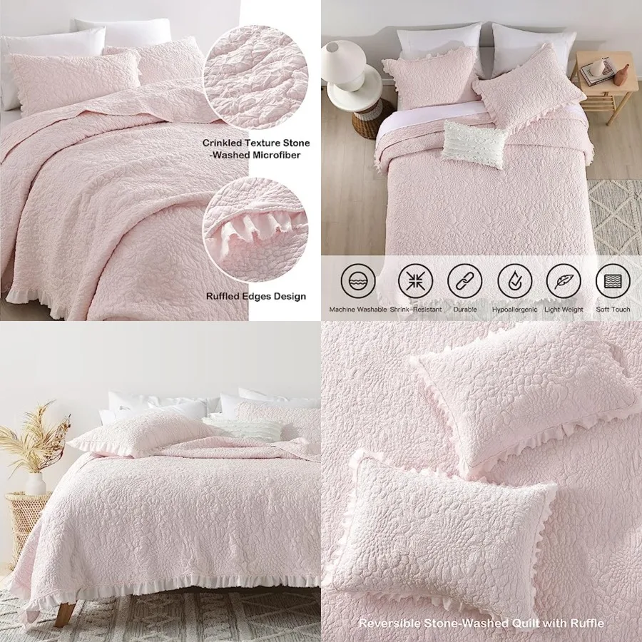 

Ruffled Quilt Twin Size, Stone-Washed Microfiber Lightweight Crinkled Farmhouse Rustic Shabby Chic Bedding Set, 2 Pieces Revers