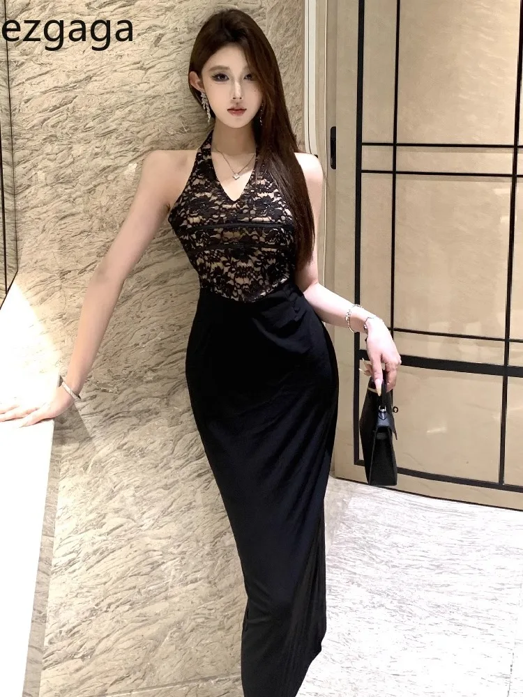 

Ezgaga Woman Dress Sexy Halter V Neck Lace Patchwork Elegant Slim Summer Fashion Temperament Party Dresses Backless Club