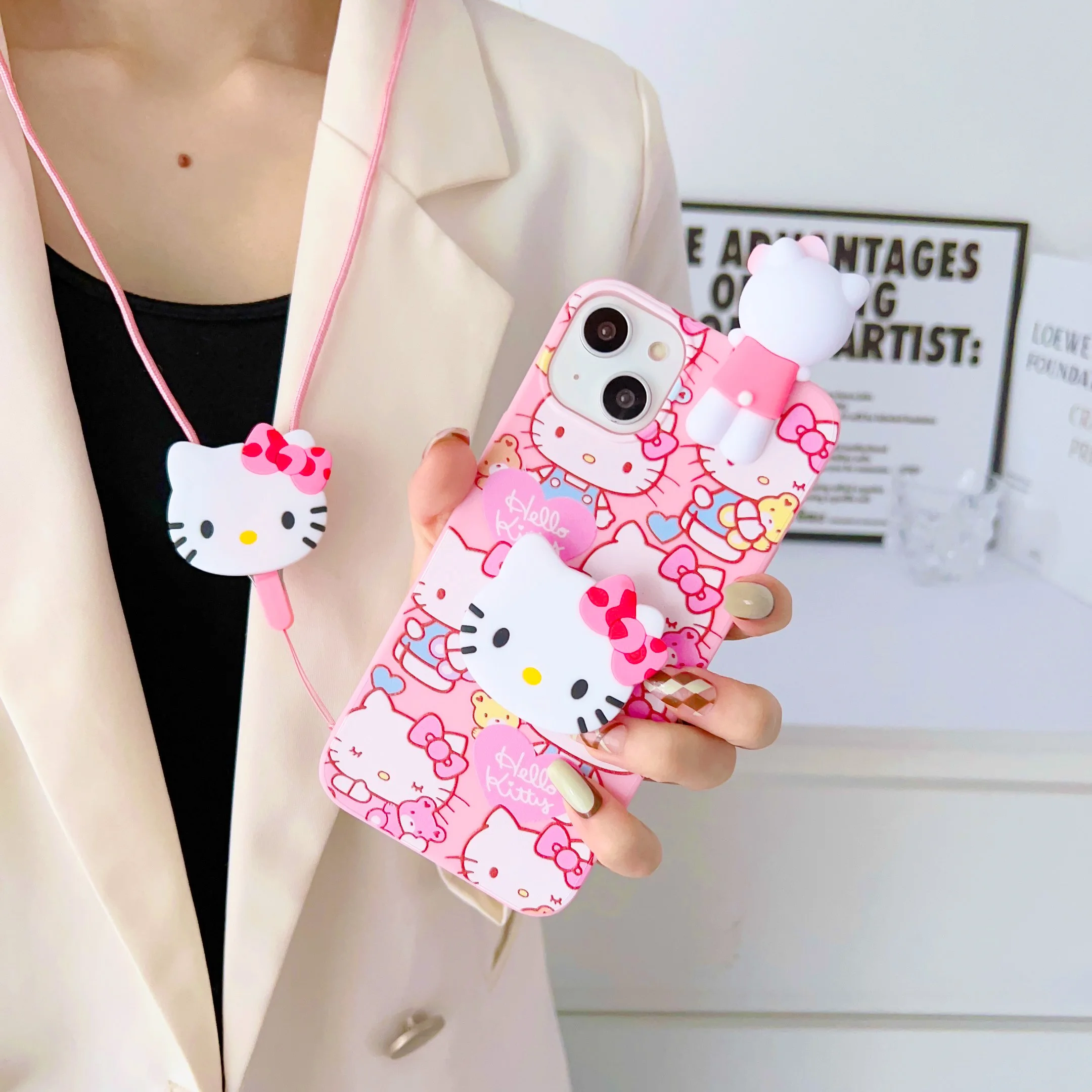 For Samsung Galaxy S7 Edge S8 S9 S10 S20 S21 S22 S23 Plus Ultra S21FE Note 9 10 20 Hello Kitty Phone Case With Holder Rope