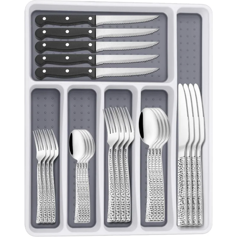 

Silverware Set with Organizer, 49 count Stainless Steel Hammered Flatware Set for 8, Eating Utensil Sets