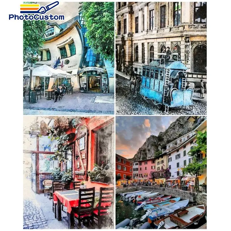 

PhotoCustom Coloring By Number City Kits For Adults Handpainted DIY Frame Drawing On Canvas Scenery Home Decoration 60x75cm