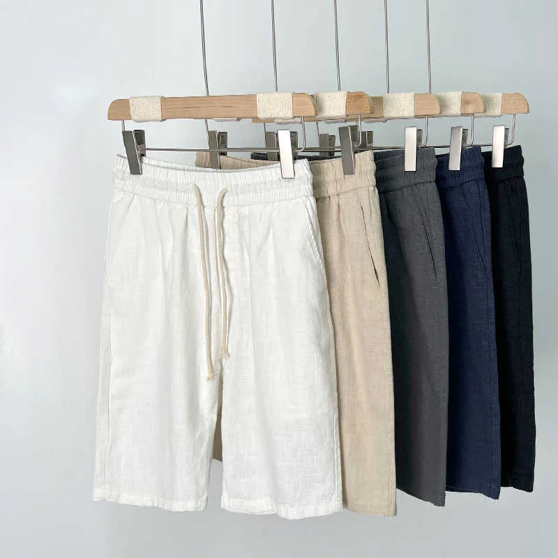 

Летние мужские хлопковые льняные шорты, однотонные эластичные пояса, брюки длиной до колена, французские повседневные модные базовые шорты