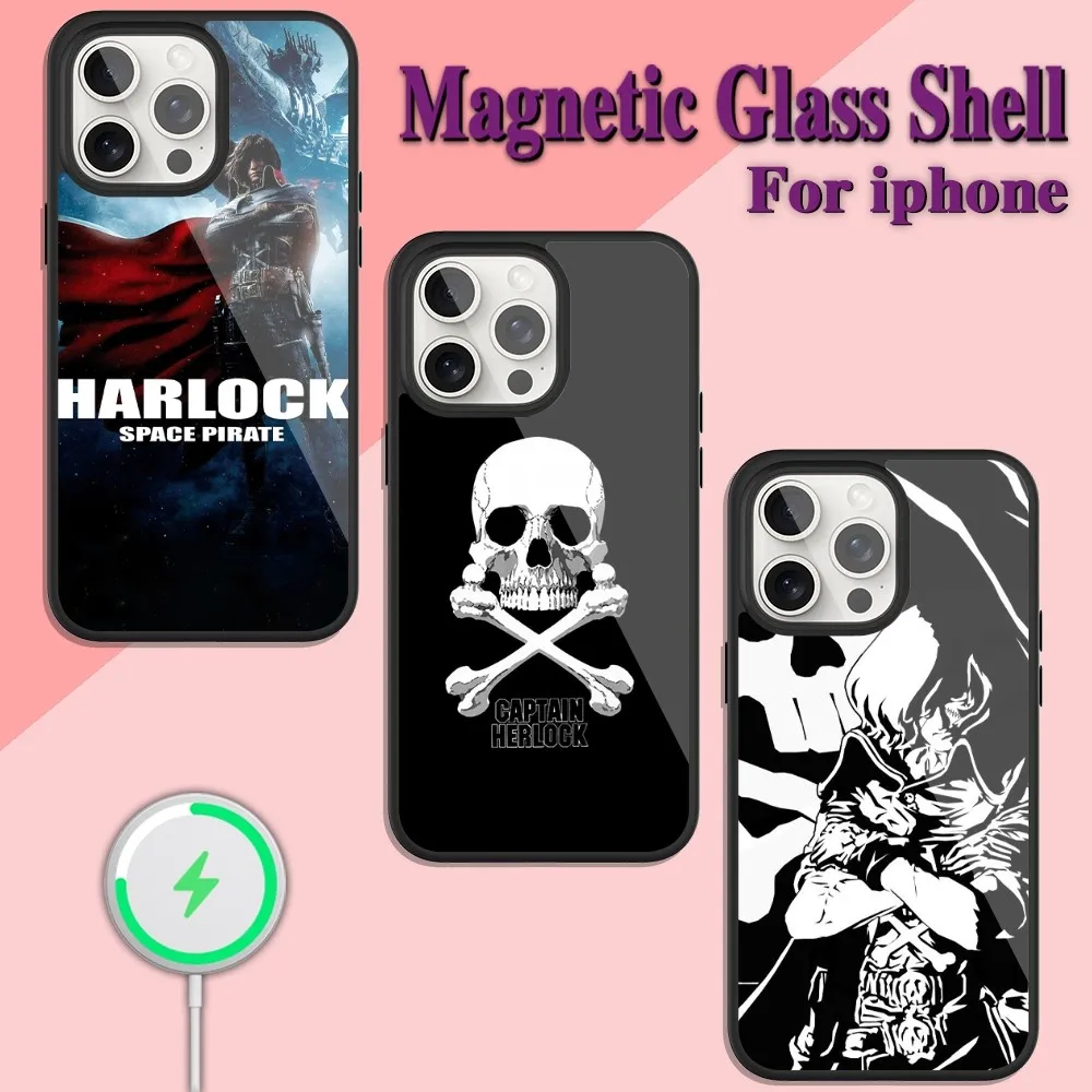 Space Pirate Captain Harlock Phone Case For iPhone Charging 13 14 15 11 12 Pro Max Plus Glass Magsafe Magnetic Shell