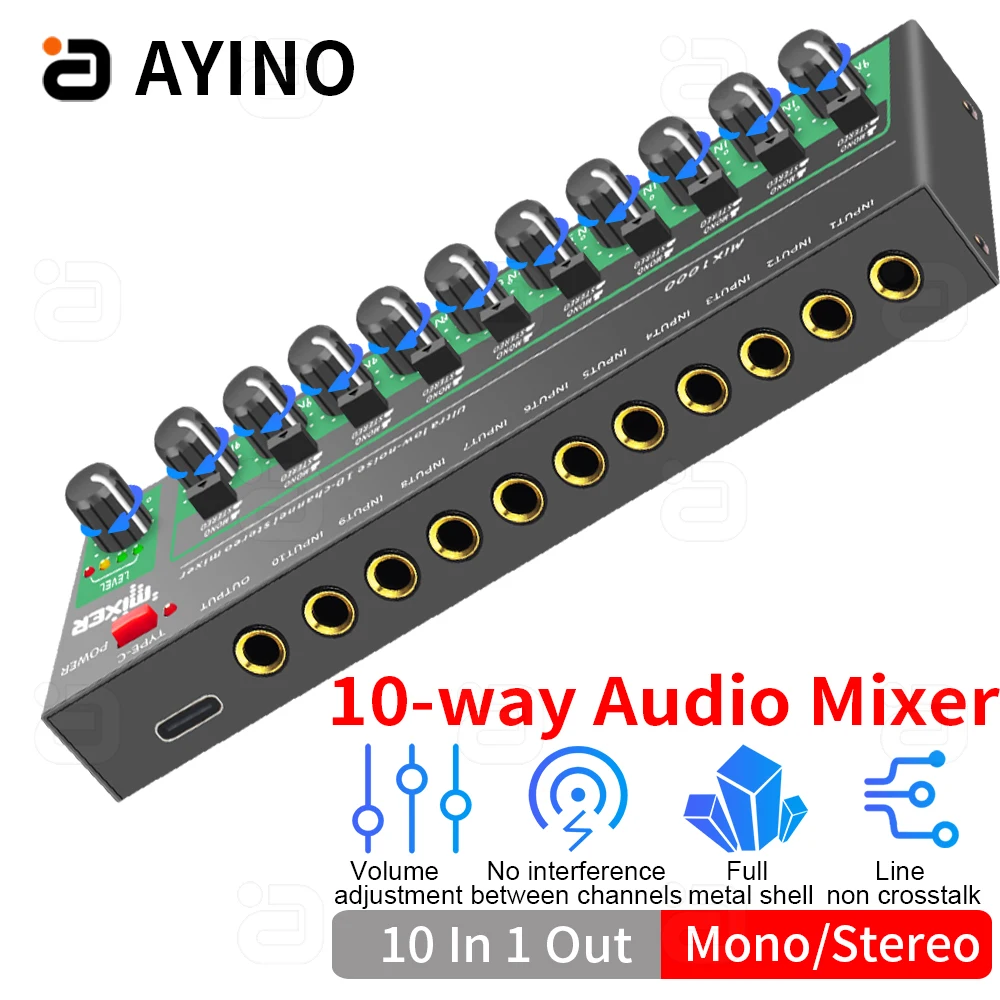 

10-Way Mixer with Single and Dual Sound Switching 6.5mm 10 in 1 Out distribution Switcher adjustable volume Mixing Control