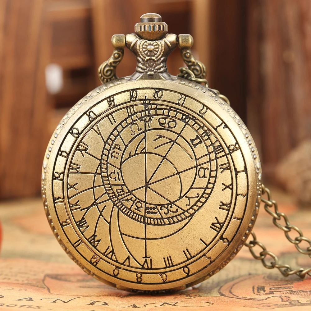 Vintage Gift Bronze Quartz Pocket Watches Astronomical Compass Design Pendant Clock with Necklace/FOB Chain Timepiece Men Women