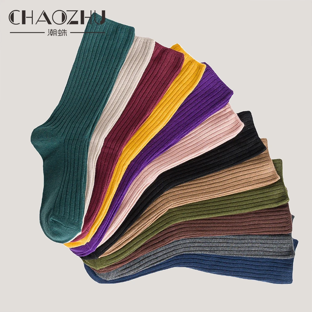 5 pairs solid ribbed crew socks women mixed color 4 seasons fit loose socks set daily basic sox