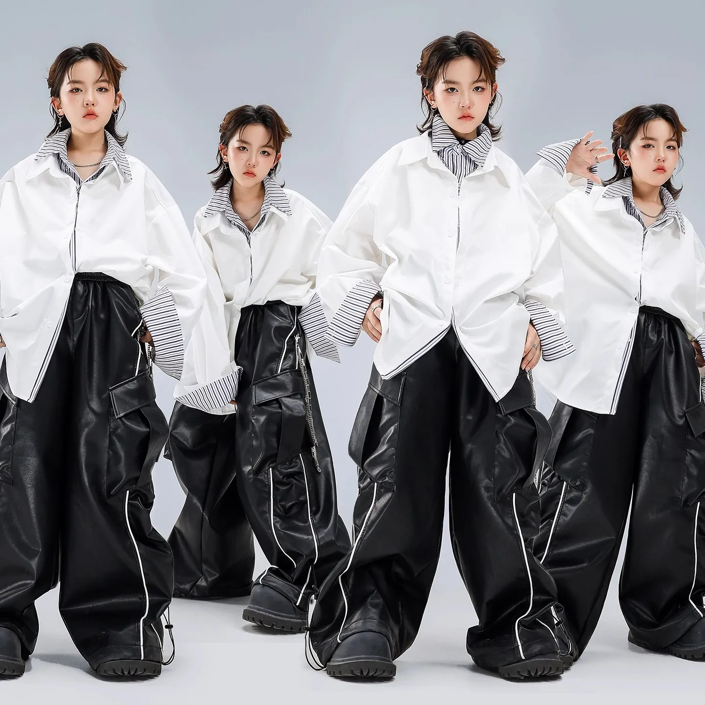 

2025 Jazz Dance Costumes Boy White Shirt Leather Pants Hip Hop Practice Kids Street Dance Performance Clothes Wearing DQL12123