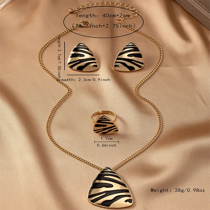 New Trendy Twill Zebra Pattern Pendant Necklace Ring Jewelry Set for Women Wedding Party 3PCS Bohemian Girls Triangular Earrings