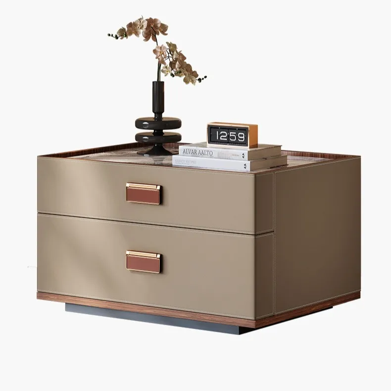 

Italian minimalist rock slab bedside table saddle leather solid wood bedroom high-end locker