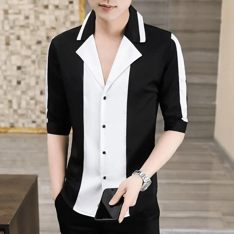 Men's Color Block 3/4 Sleeve Shirt Summer British Style Slim Fit Casual Button Down Shirt Premium Menswear Apparel