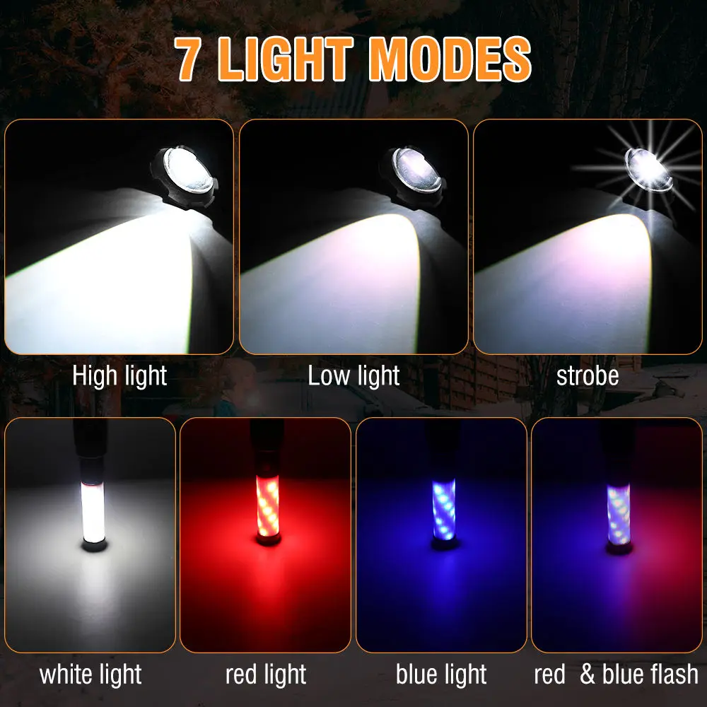 Long Range LED Flashlight Rechargeable Zoom Torch Powerful Spotlight Lamp With Magnet Camping Lantern Built in Li-Battery