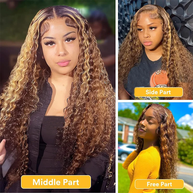 Медовый блондин Ombre 13x5 HD Прозрачный парик фронта шнурка |   Человеческие волосы, текстура глубокой волны, плотность 250%, 26 дюймов, предварительно выщипанные с B