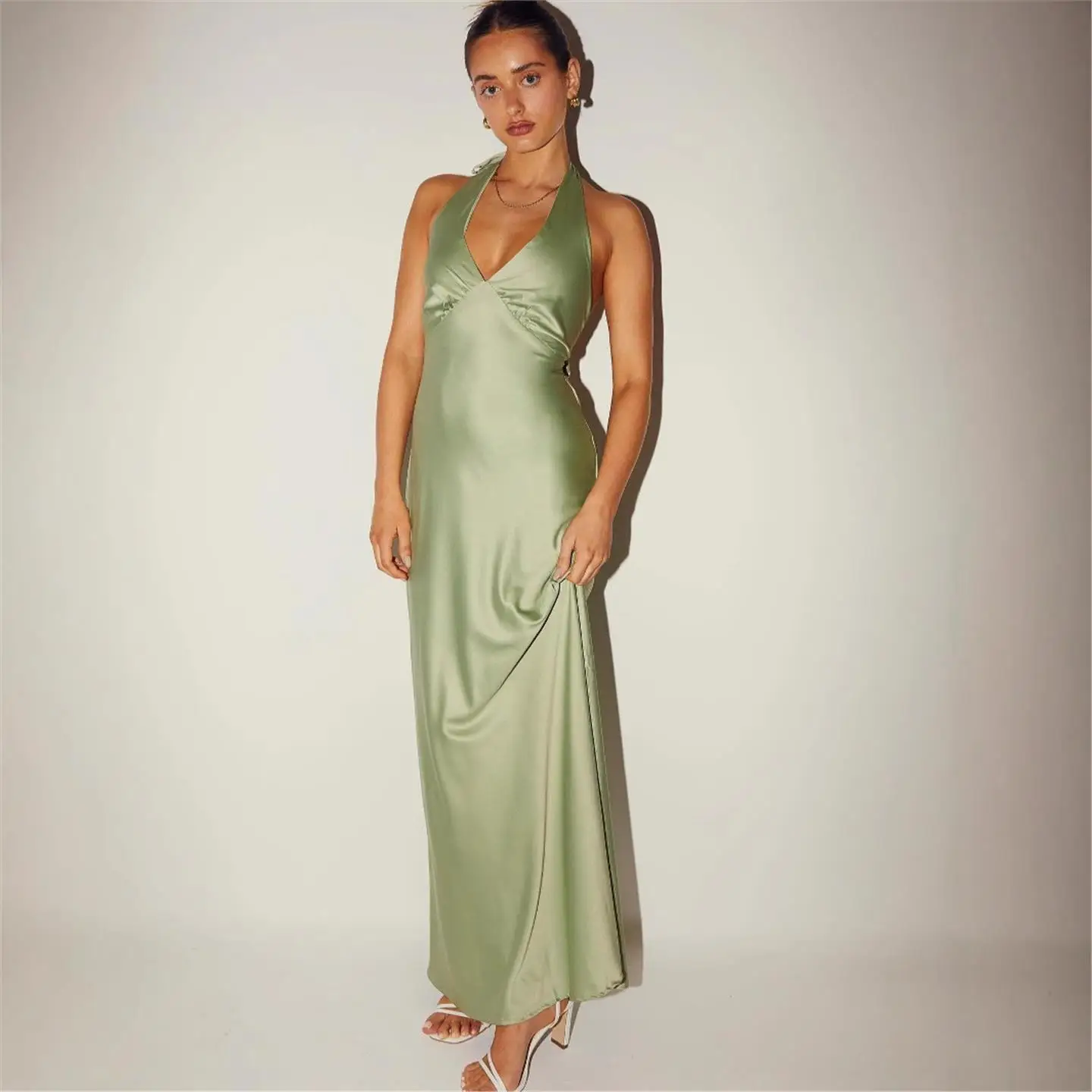 

Pure Color Satin Svel V-Ne Hanging Ne Dr Women's Sexy Bal Belted Long Dr Summer New Sle Casual Faion