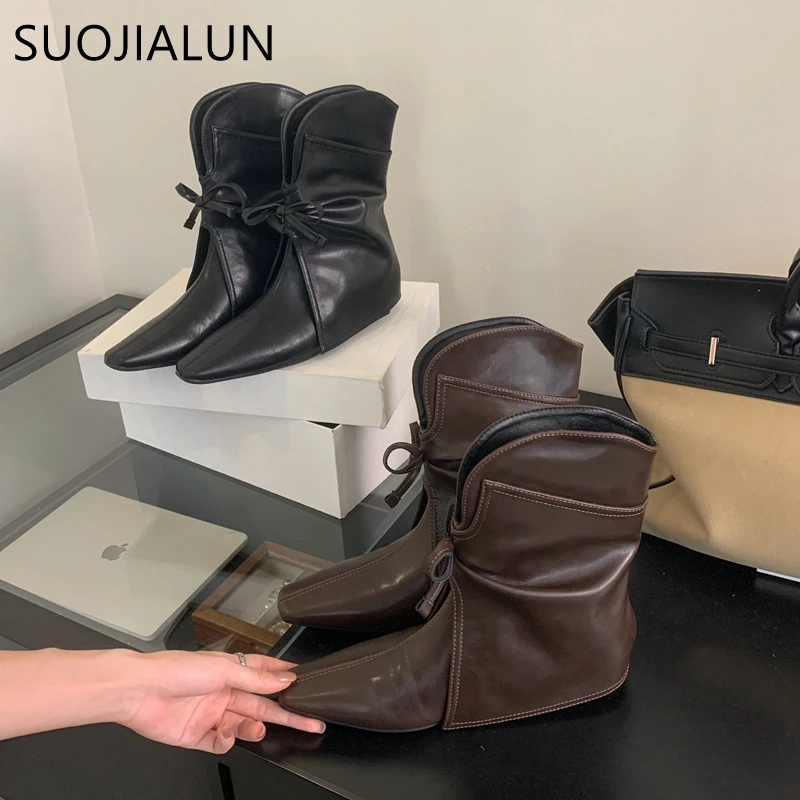 SUOJIALUN 2024 Winter New Brand Women Short Boots Fashion Fringe Ladies Elegant Short Boots Shoes Pointed Toe Slip On Western Bo