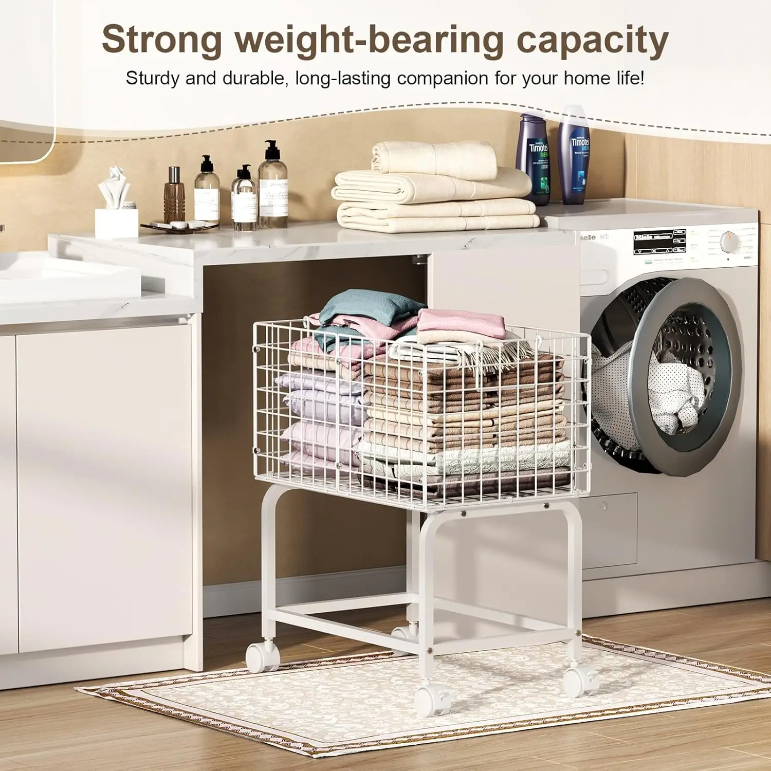 Tall White Wire Laundry Cart with Handles – Suitable for Laundry Room, Bathroom, and Bedroom – White (23.6 x 15.75 x 28 inches)