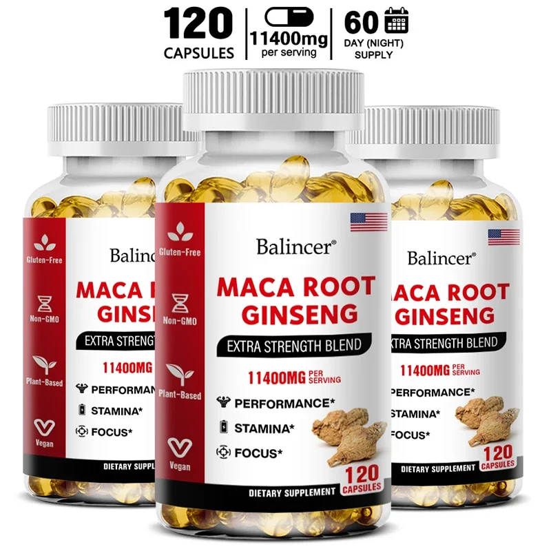 Balincer Organic Maca Root + Ginseng Extract Capsules - Stamina and Mood - Energy Supplement for Men and Women