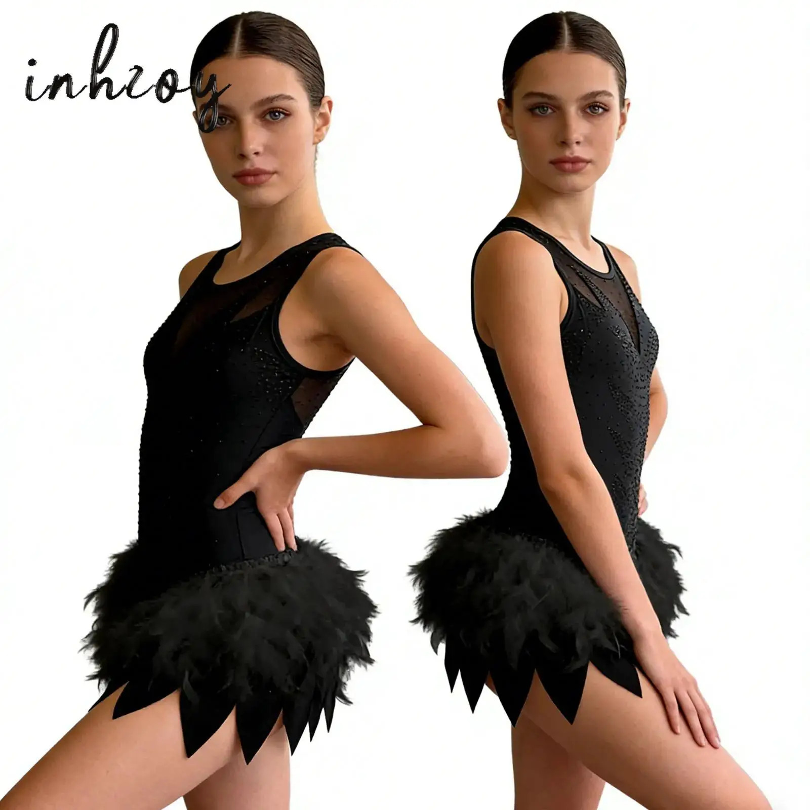 

Womens Ballet Dance Performance Costume Professional Ballet Swan Dance Feather Bodysuit Jazz Latin Ballet Dress for Competition