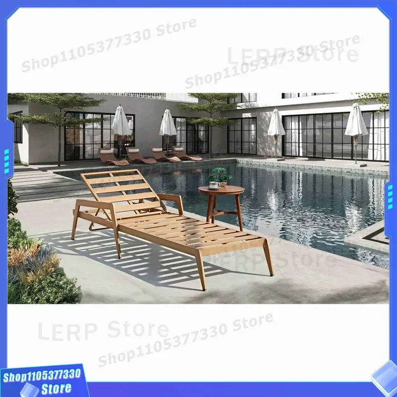 Wood Grain Aluminum Sun Lounger with Cushion for Beach Poolside Outdoor Relaxation Weathering Resistant Patio Furniture for
