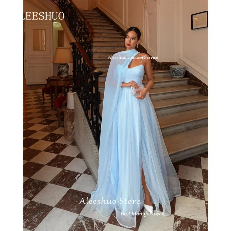 Aleeshuo-elegante Vestido De noche azul cielo con tirantes finos, corte en A, abertura lateral alta, ocasiones formales, 2024