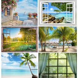 Resort Coastal Hotel Beach Landscape Photography Backdrops  Ocean Coconut Tree Tropical 3D Window Photo Studio Background AS-01