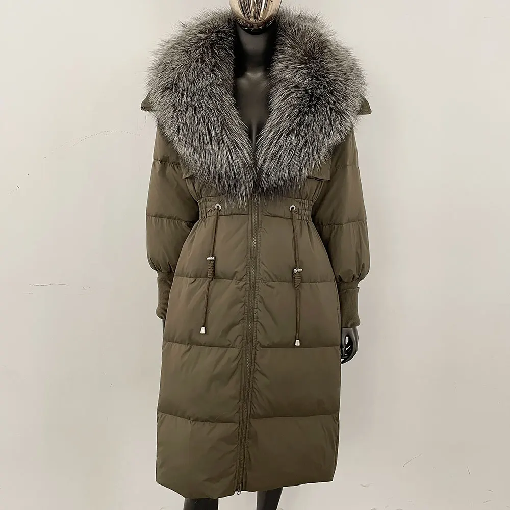 

Women Natural Fur Jacket White Duck Down Coat Reality Fur Coat Winter Over Knee Slim Fit Real Fox Fur Collar Long Puffer Jacket