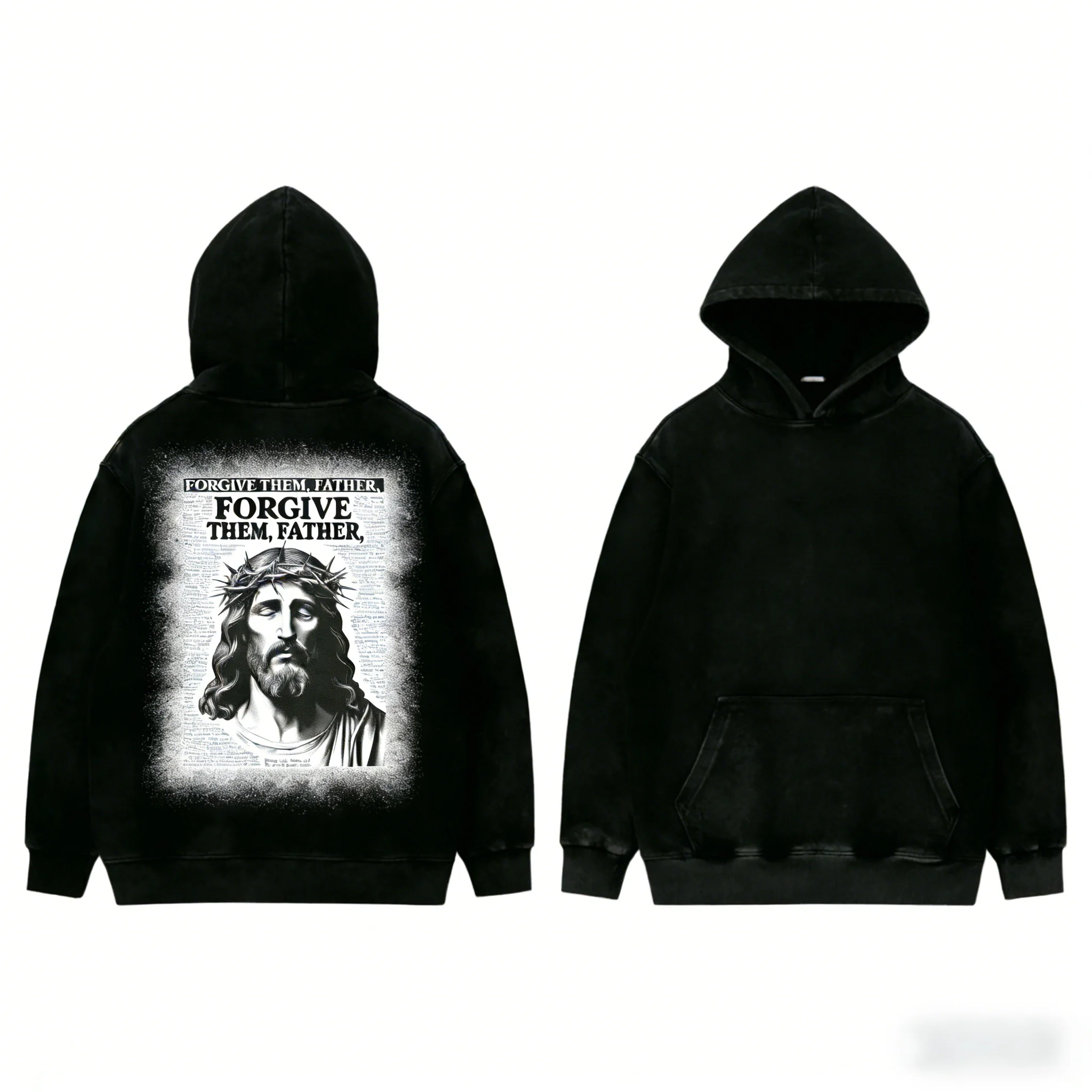 Custom Jesus Print Hoodie Vintage Washed Cotton Sweatshirt Religious Graphic Pullover for Men Women