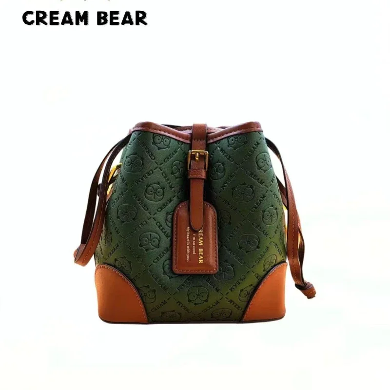 CREAM BEAR Fashion Bucket Bag Women's Handbag 2024 New Cute Colored Embossed Cartoon Japanese Button Shoulder Crossbody Bag