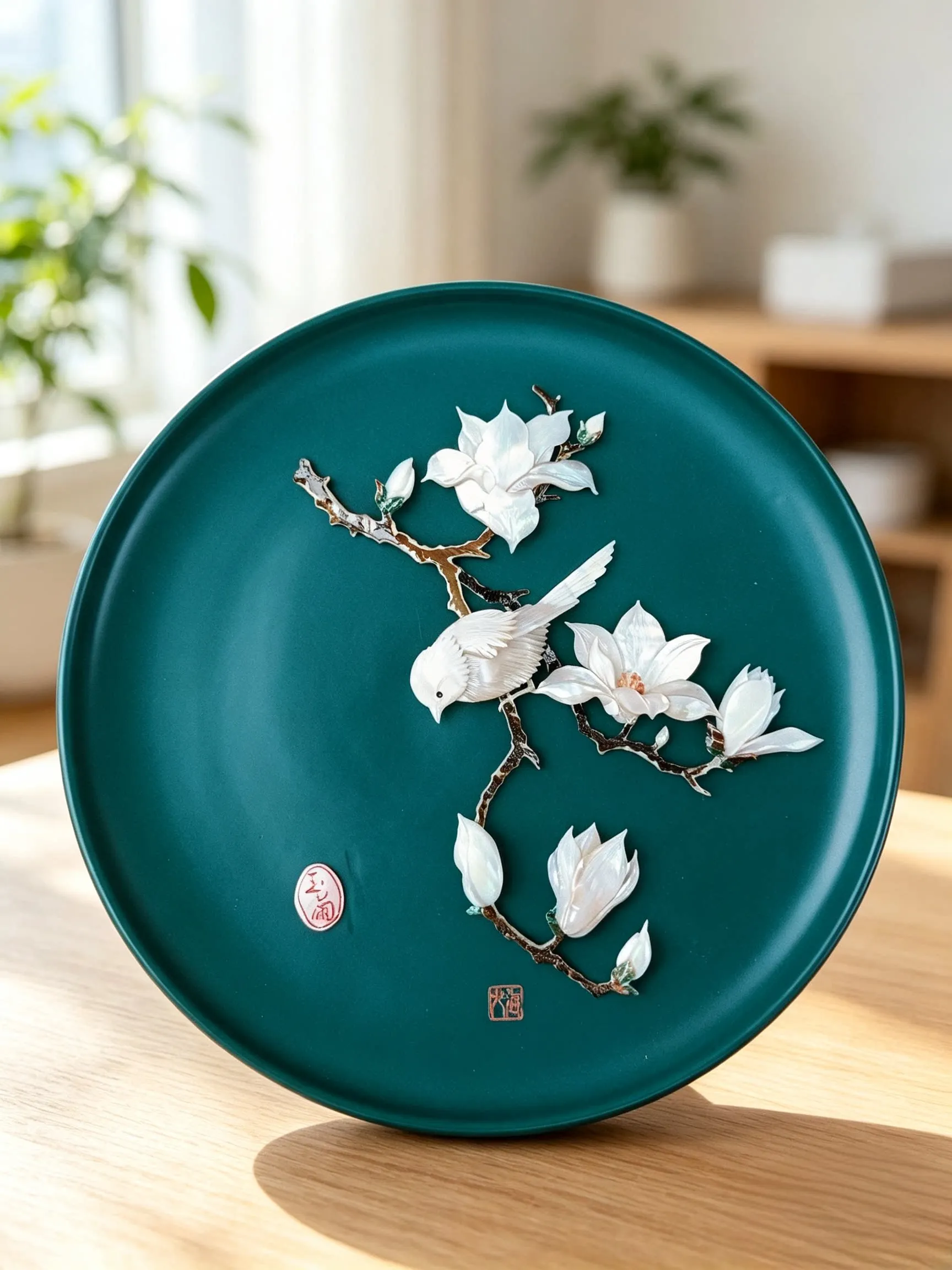 Magnolia & Bird Shell‑Carved Ornament, Handmade Blessing Gift, Chinese Style Home Desktop Decor