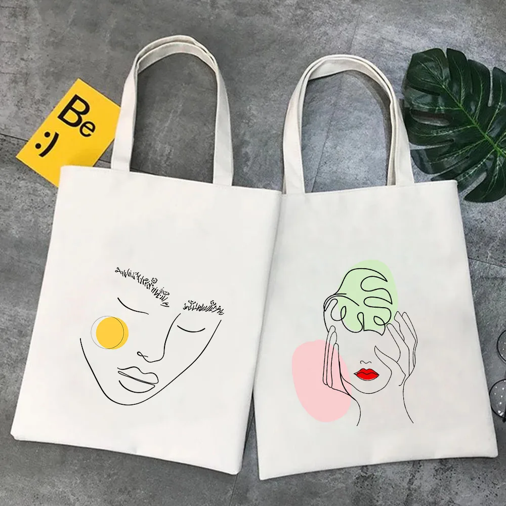 Aesthetic Line Woman Face Art Minimalist Girl Lady Beauty Eye Flower Fashion Canvas Shoulder Shopper Cotton Handbag Eco Tote Bag