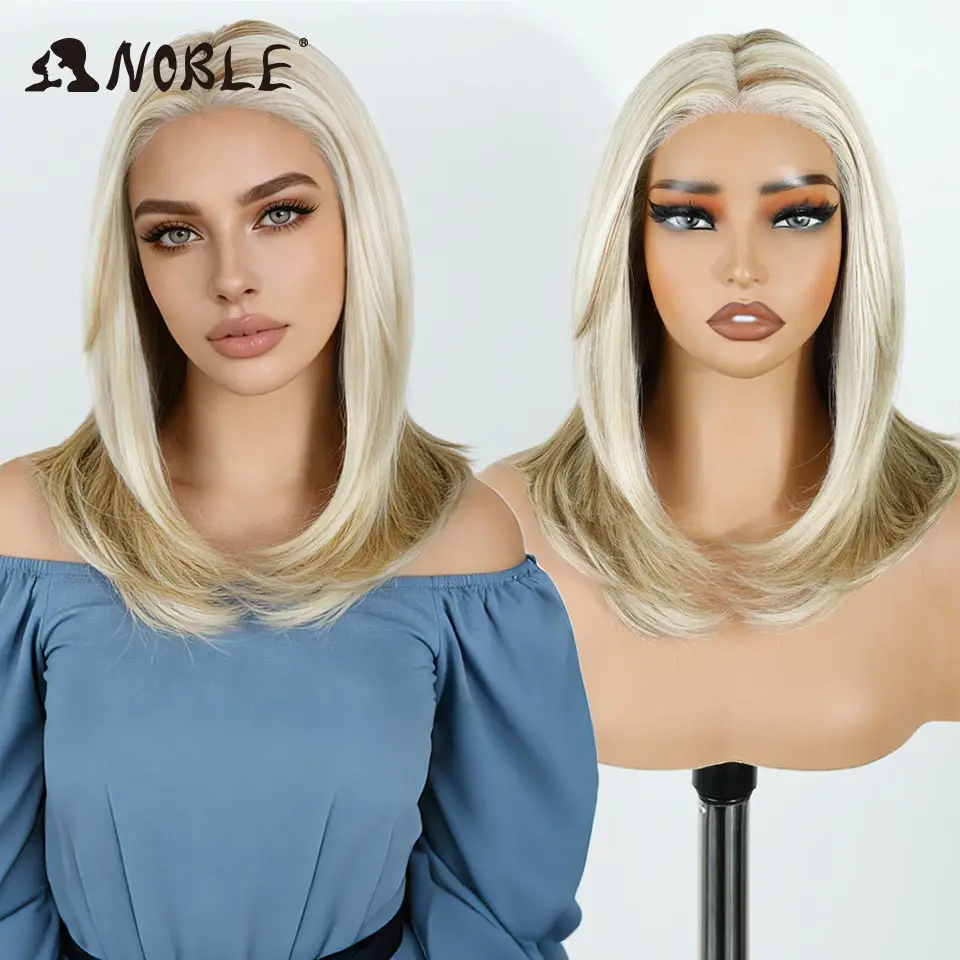 Edle synthetische Lace-Front-Perücken für Damen, 16 Zoll, mit freiem Scheitel, vorgezupft, gerade geschnitten, mit Lace-Perücke, Ombré-Braun-Blond, Cosplay-Perücke. – Detail 3