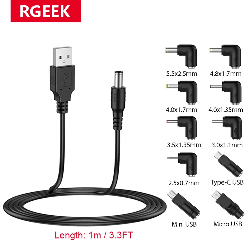 RGEEK 1m USB to DC 5V Power Cable Cord, DC 5.5x2.1mm 5521 Plug Jack Charging Cable with 10 Connector Tip for USB HUB Power Cable