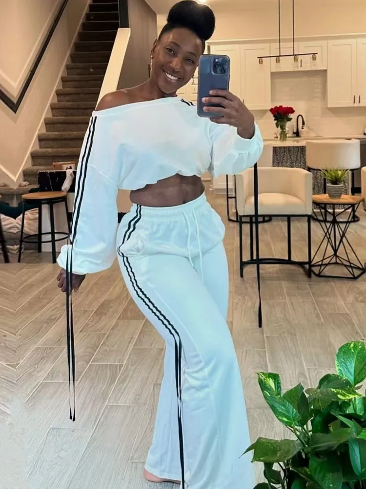 2 قطعة مجموعات النساء مطابقة مجموعات قطعتين مجموعات بلوزات وواسعة الساق السراويل الدعاوى وتتسابق الملابس 2025 جديد وصول الخريف الشتاء