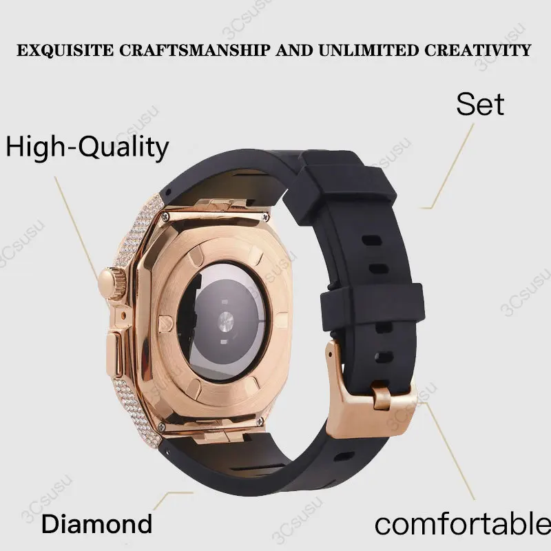 Diamond Case for Apple Watch Band 9 8 7 45mm 6 5 SE 44mm Stainless Steel Case Modification Kit Rubber Strap for IWatch 45mm 44mm