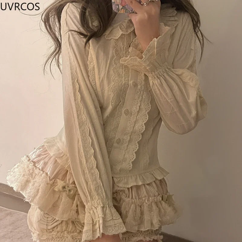 Ruffles doces Peter Pan Collar Blusa Loliita manga comprida, Top japonês Y2K, Camisas de princesa Harajuku, Camisa bonito kawaii, 2024