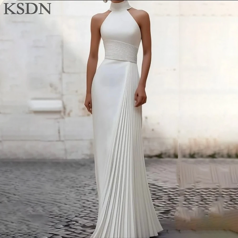 KSDN Eenvoudige Aangepaste Avondjurken Hoge Hals Mouwloos Vloerlengte Jurken Elegante Vrouwen Gedrapeerde Prom Dress Vestidos