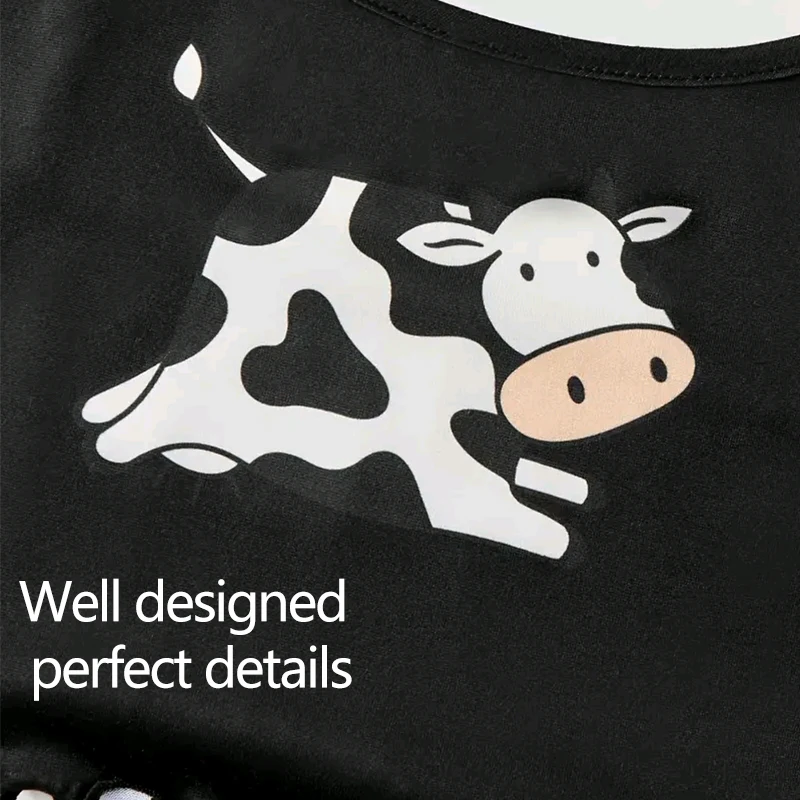 Women\'s Pajamas Set Sleepwear 2 PCS Camisole And Shorts Sports Cow Cartoon Print Ventilate Soft Casual S M L Black