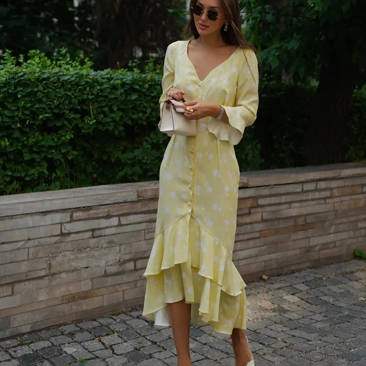 Ele hoge taille bloemenprint Dr Dames V-ne Bell Sve lange rok Zomerseizoen Basic Sle Single Piece