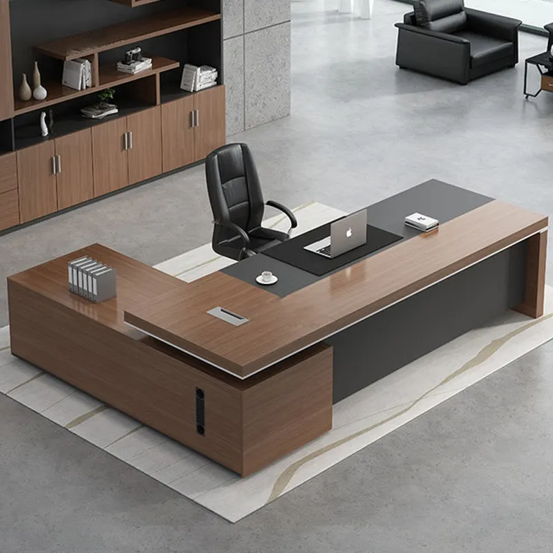 T*-Modern L-Shaped Executive Desk with Side Cabinet, Walnut & Dark Grey Finish, Large Workstation for CEO Office*-