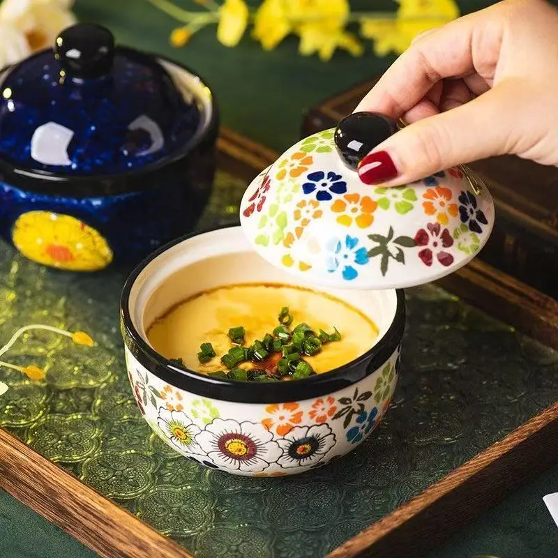 

Hand-painted Ceramic Stew Pot Household Steamed Egg Soup Bowl with Cover Durable Restaurant Hotel One-Person Rice Dessert Bowls