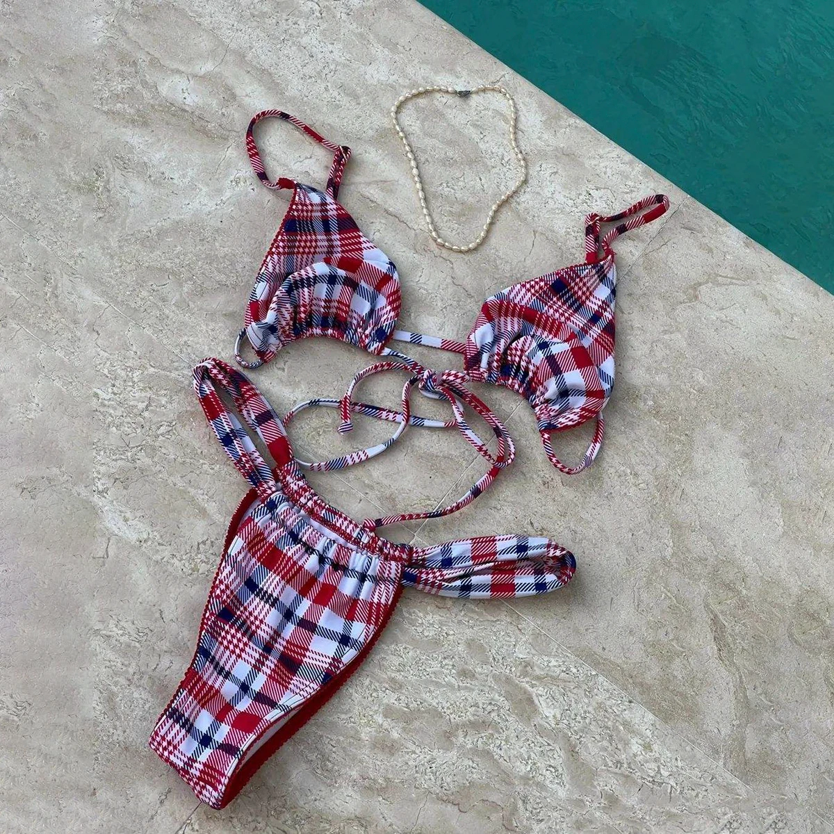 

Микро-бикини 2026: Сексуальный женский купальник, комплект бикини в клетку, бразильский бикини, пляжный костюм для плавания