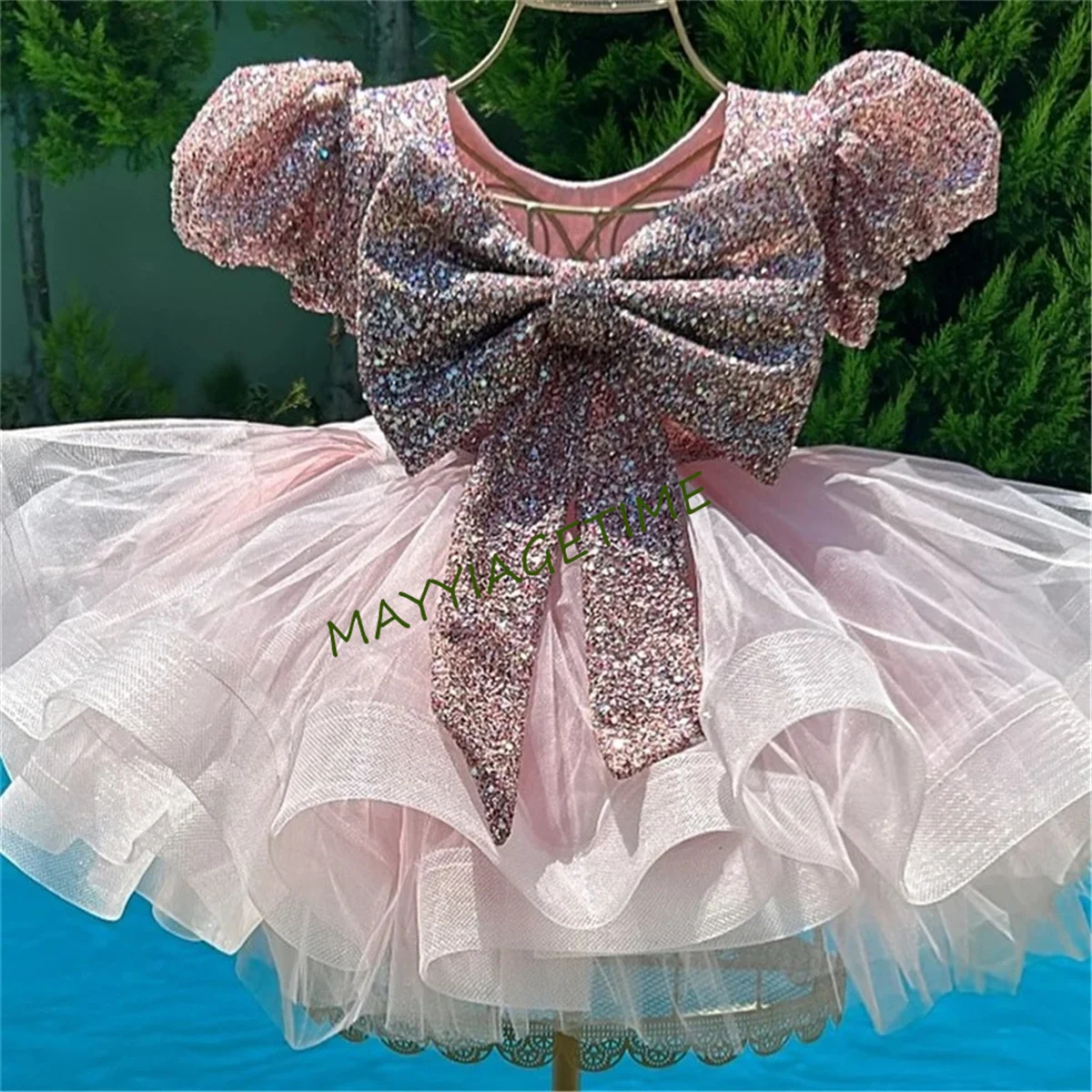 Pink Flower Girl Dress Glitter Sequins Bow Belt For Wedding Party Short Sleeves Puffy First Communion Gown Kids Birthday GIFT