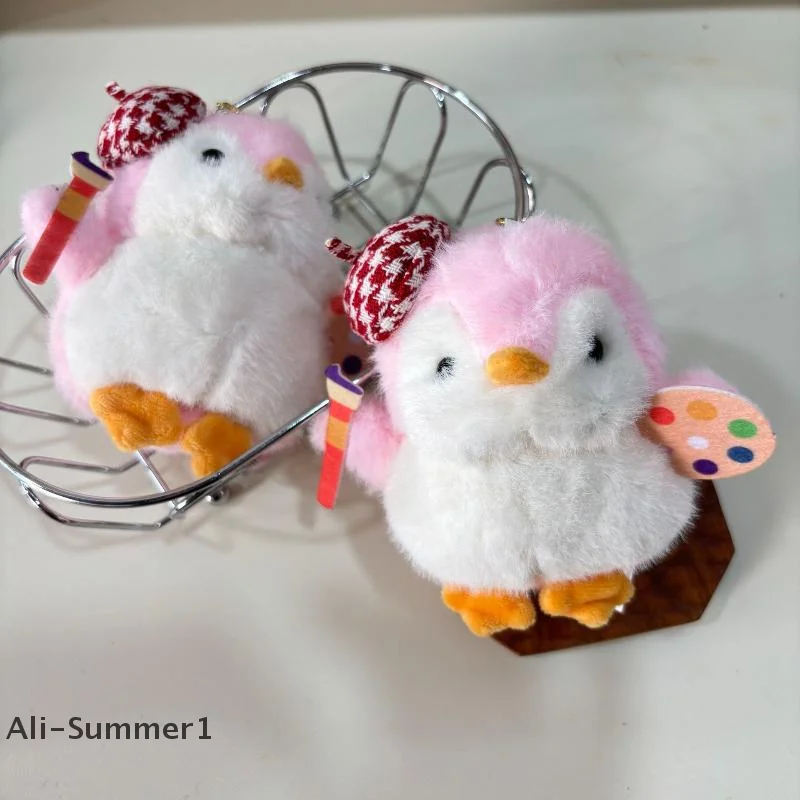 【E】Cute Little Painter Penguin Plush Keychain Stuffed Doll Keyring Bag Pendant Backpack Hanging Decoration Christmas Gifts