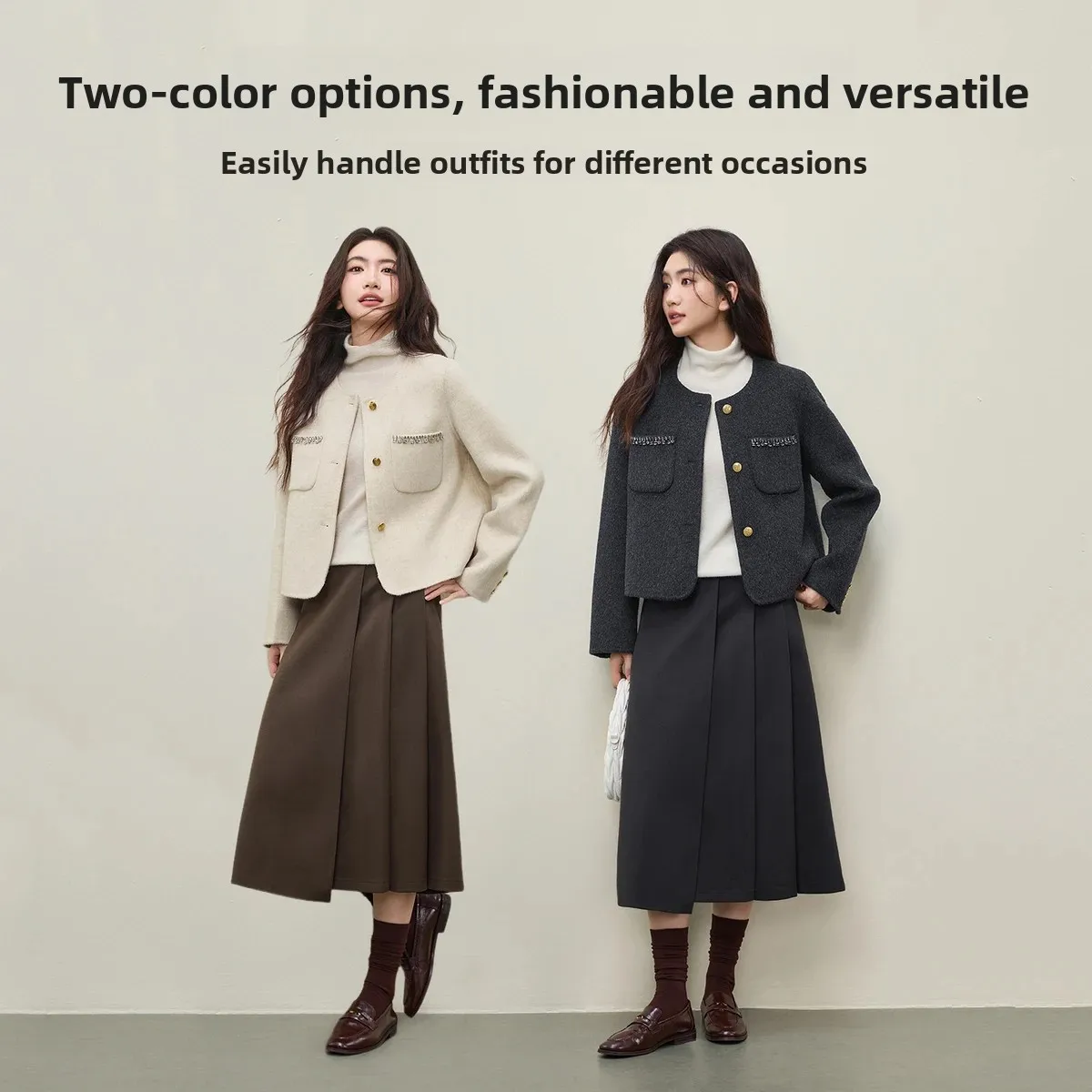 سترة صوف SENTUBILA 2025 معاطف قصيرة للنساء بجيب شتوي سميك ورقبة دائرية وأكمام طويلة ملابس خارجية للسيدات المكتب W54OG4882