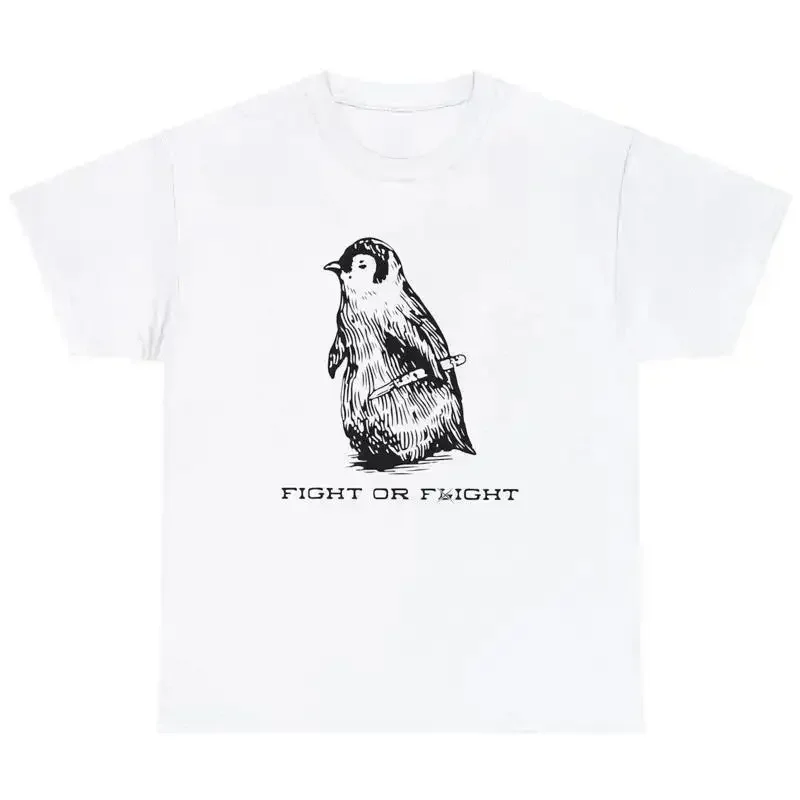 Whimsical Penguin Fight or Flight Tee Funny Graphic Humor Shirt for Adults