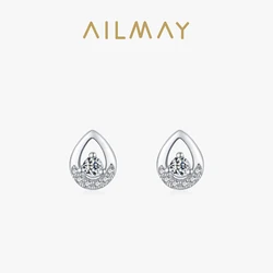 Ailmay Real 925 Sterling Silver Fashion Clear CZ Water Drop Shape Stud Earrings For Women Charm Wedding Statement Fine Jewelry