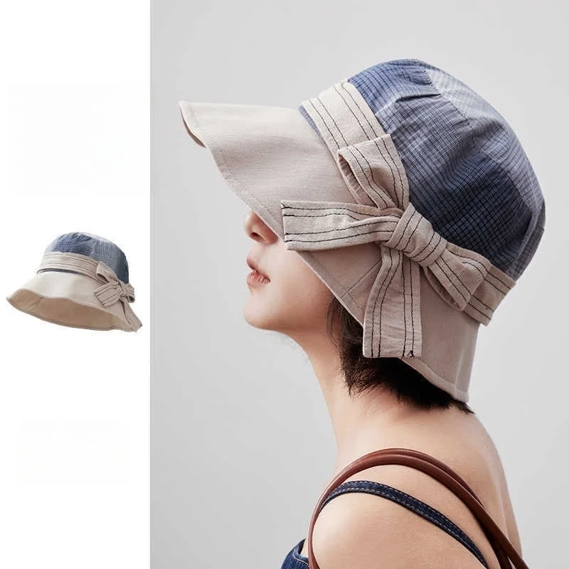 

Gradient patchwork wide-brimmed fisherman's hat elegant women's